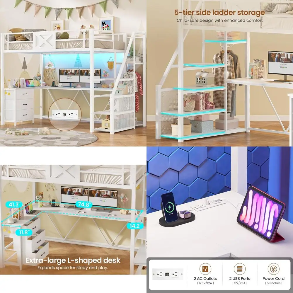 Twin Size Metal Loft Bed with Staircase, L-Shaped Desk, Wardrobe, 3 Fabric Drawers, LED Lighting - Space-Saving Bedroom Furnitur