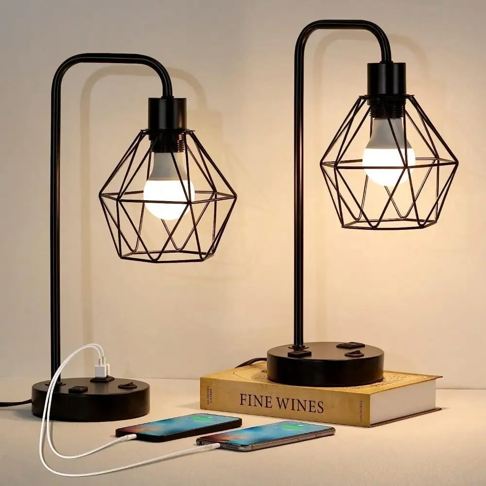 Set Of 2 Industrial Table Lamp W/USB Ports AC Outlet Geometric Shade For Bedroom