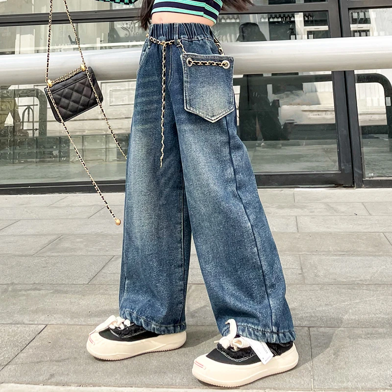 Street Girls Jeans Spring Autumn Kids Wide-leg Pants Child's Trousers Chain belt Bag High Waist Baggy jeans 10 yrs Girls Hip Hop