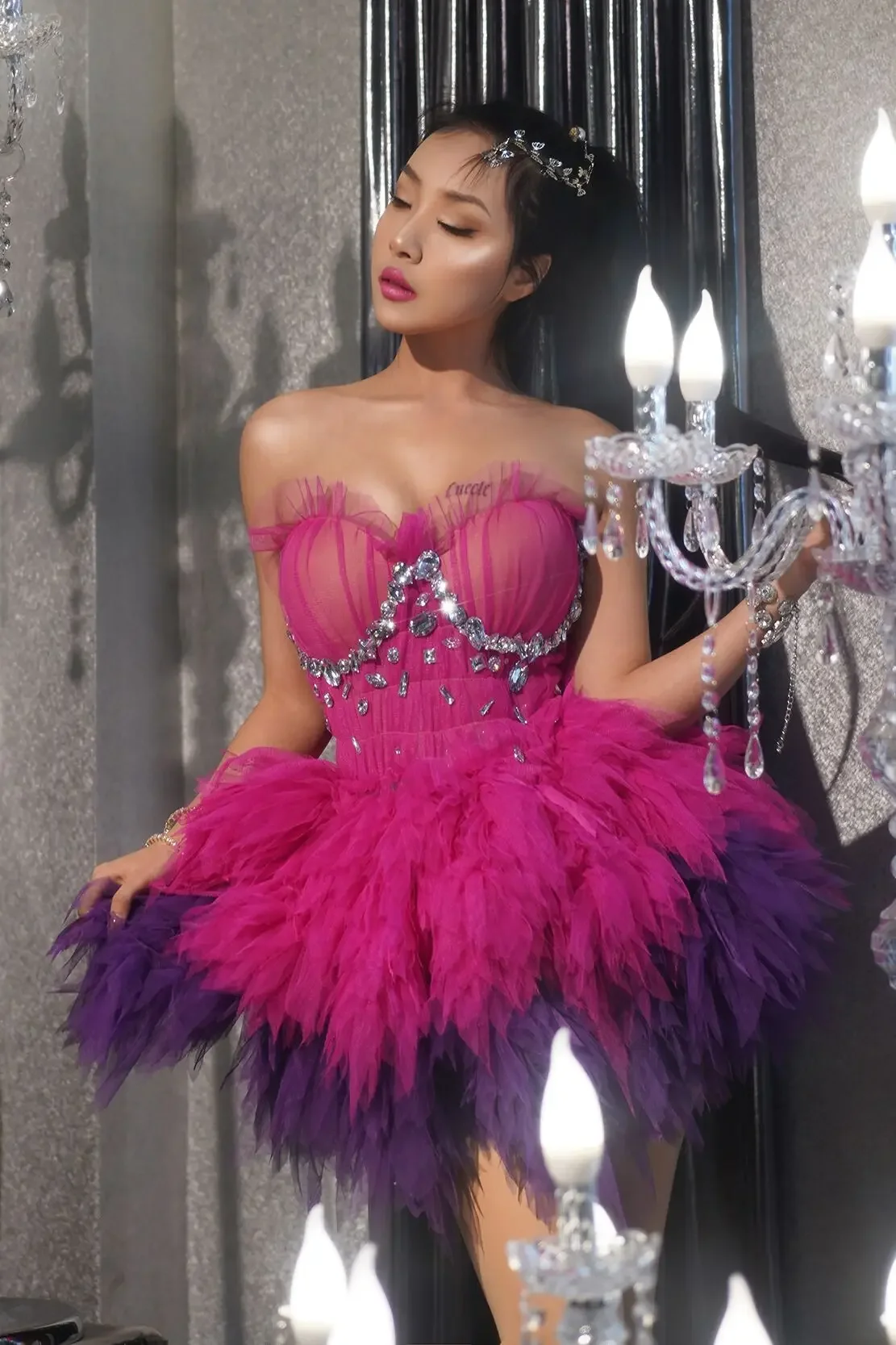 Argento strass rosa viola maglia senza maniche abito corto sera donna spettacolo di danza vestito compleanno festeggia vestito caomei