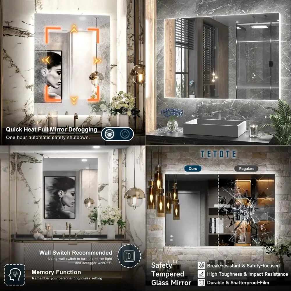 

36 x 28 LED Illuminated Bathroom Vanity Mirror, 3-Color Light, Anti-Fog, Dimmable, Wall-Mounted