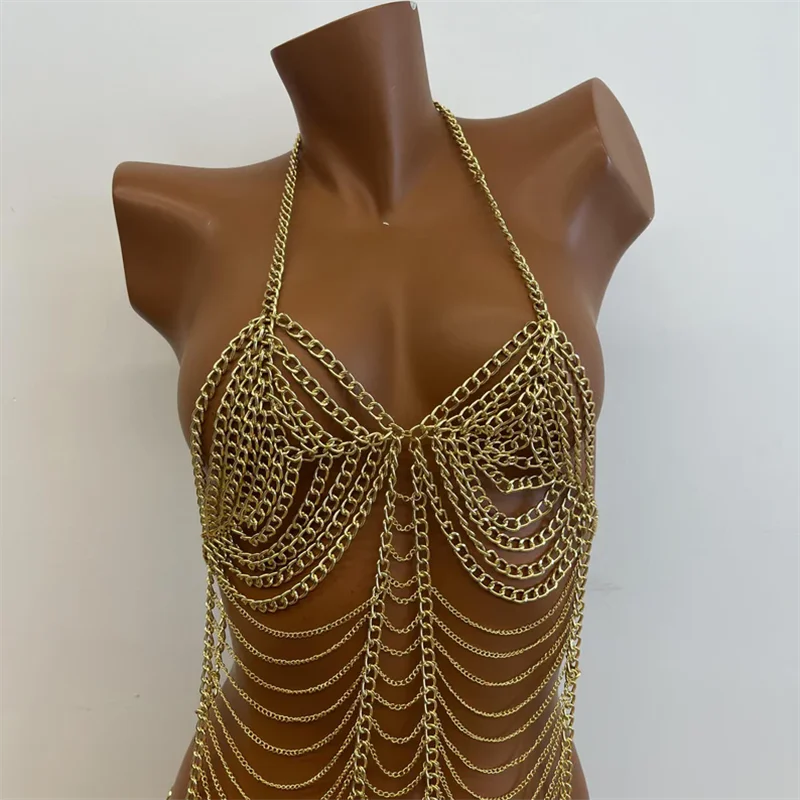Damenkleid Gold Ganzkörper-Kettenkleid Sexy Neckholder-BH Körperketten-Set Nachtclub Party Bikini Cover-Up Schmuck Damenbekleidung – Detail 9