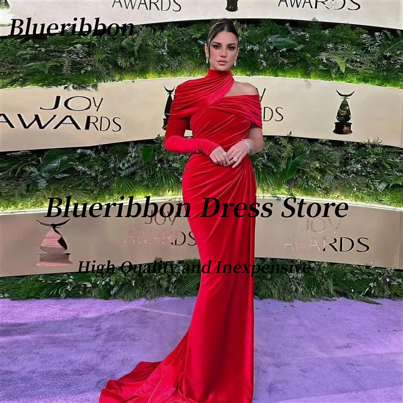 Blueribbon Celebrity Women Ruched Side Slit Evening Dresses High Collar Long Sleeve Prom Dress Zipper Back Formal Party Gowns