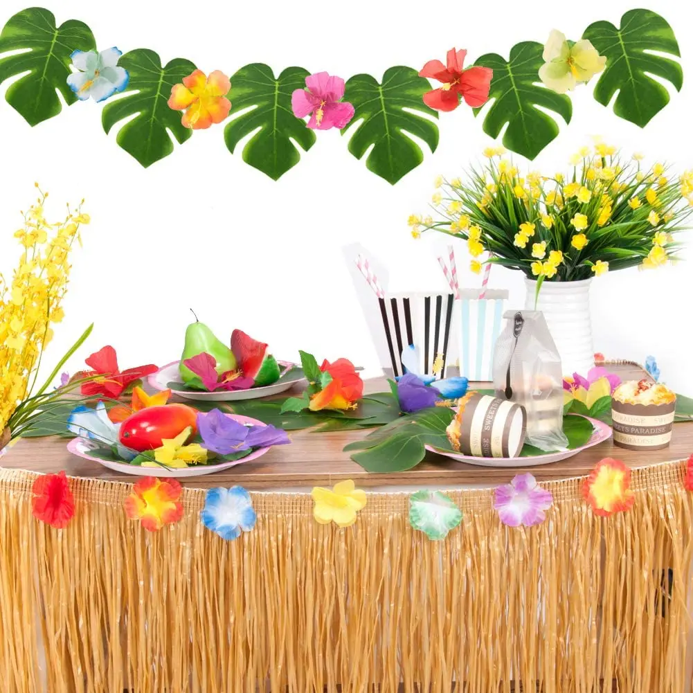 

Hawaiian Tropical Party Decorations 275x75CM Hawaiian Luau Grass Table Skirt Palm Leaves Hibiscus Flowers for Wedding Birthday