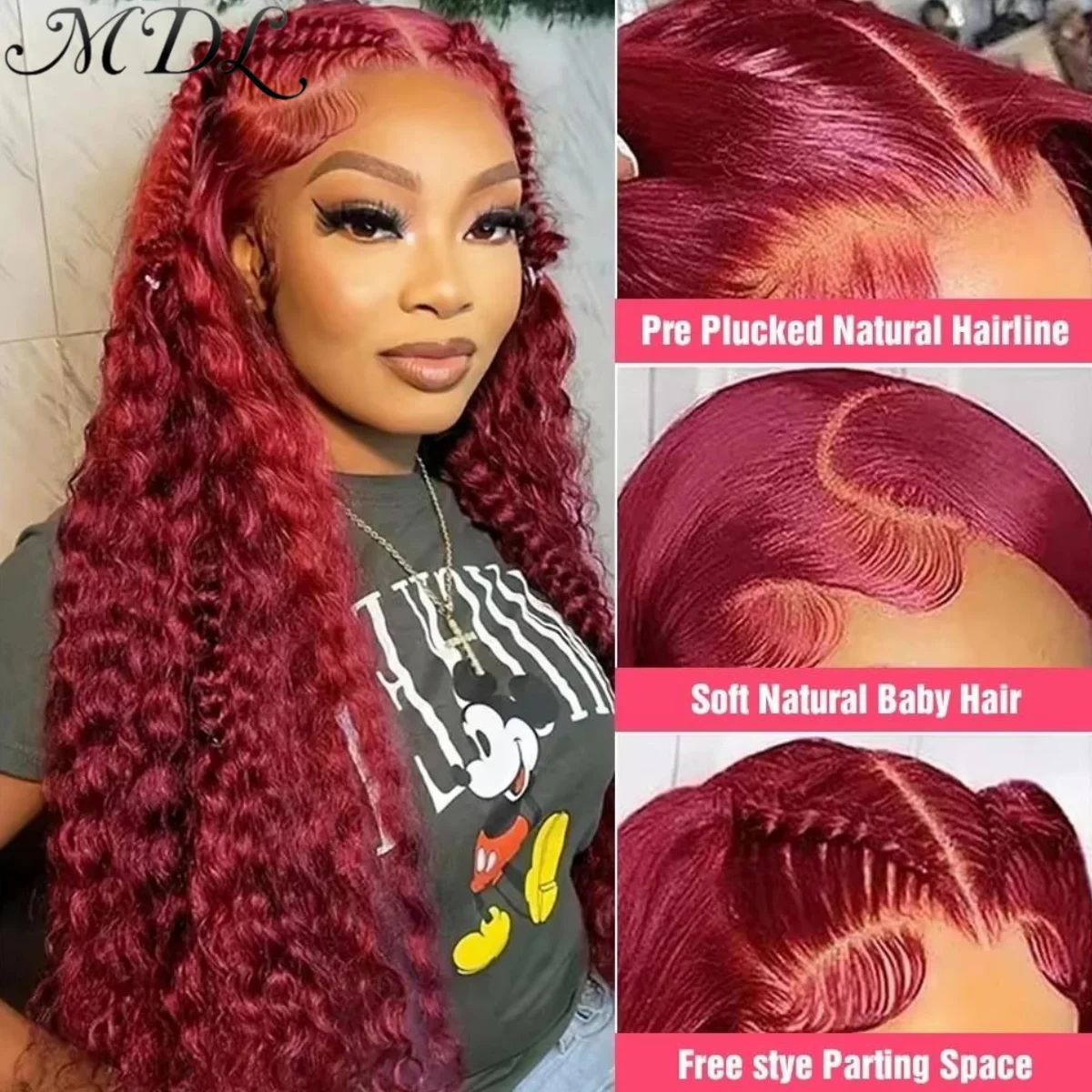 

MDL 34 inch 250 Density 100% Remy Human Hair 13x4 HD Lace Front Frontal Wig for Women Pre Pulcked Jerry Curly 99J Burgundy