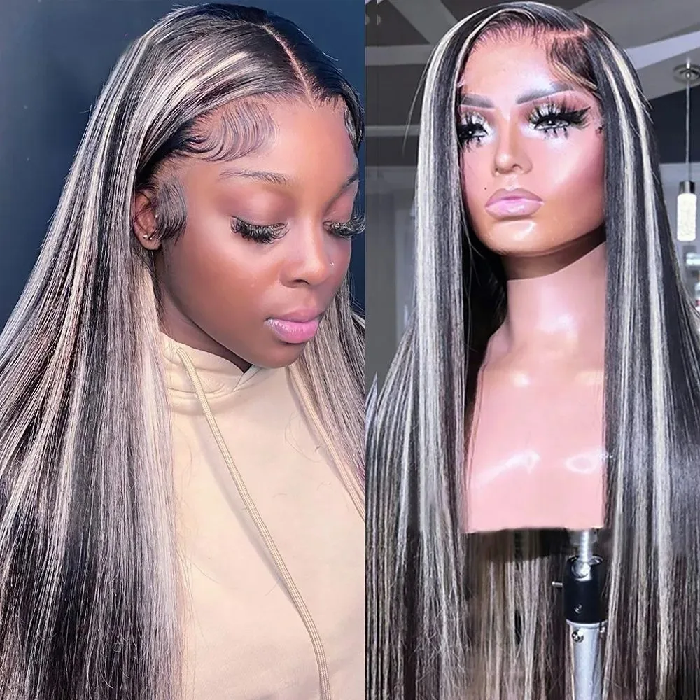 13x4 رمادي Balayage الدانتيل الجبهة الباروكات HD شفاف أسود طبيعي مع الفضة تسليط الضوء على حريري مستقيم أومبير الدانتيل شعر مستعار أمامي