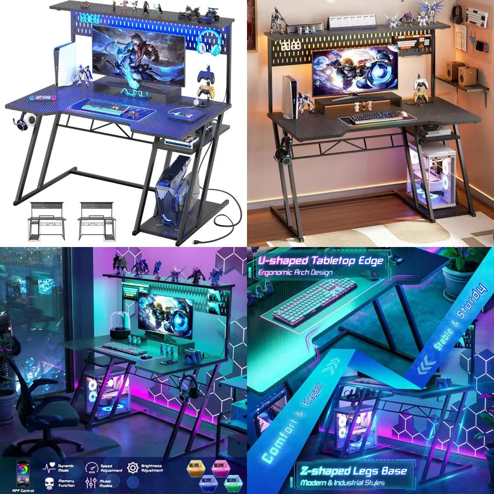 

Gaming Computer Desk with Storage, Outlets, Hutch, and LED Lighting, Reversible for PC Use