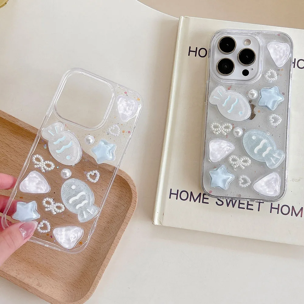 เคสซิลิโคนลายโบว์ไข่มุกดาวทะเล3D ปลาในฤดูร้อนรักหัวใจใสสำหรับ iPhone 16 15 14 PLUS 13 12 11 PRO MAX