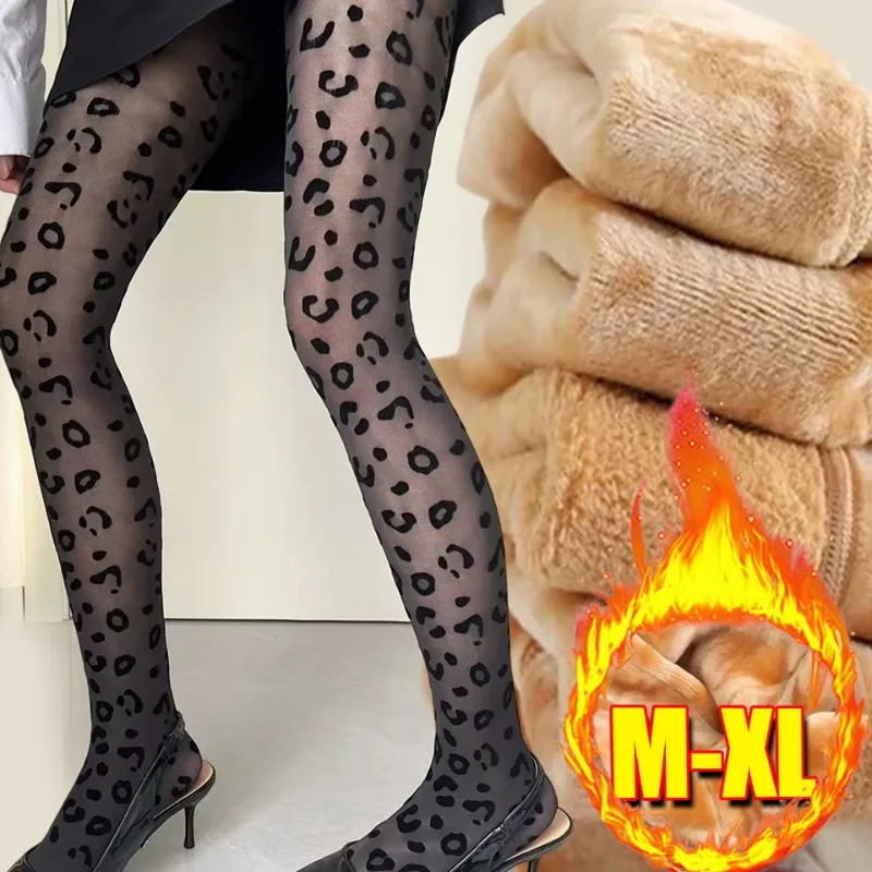 

Сексуальные термобелье с леопардовым принтом, женские зимние готические утепленные леггинсы больших размеров, полупрозрачные тонкие плюшевые флисовые чулки с высокой талией