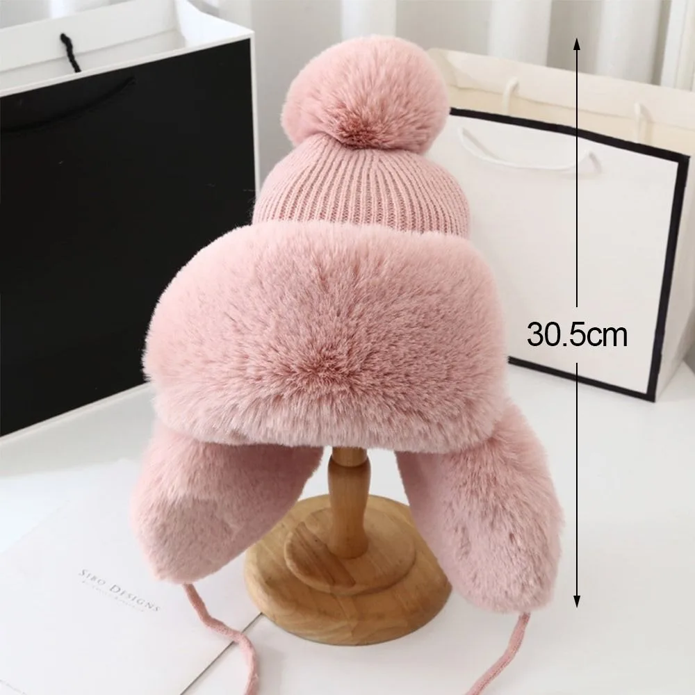 Fashion Winter Warm Earflap Hat Plush Knitted Bomber Trapper Hat Windproof Faux Fur Ear Protection Hat Women Outdoor Winter Gift