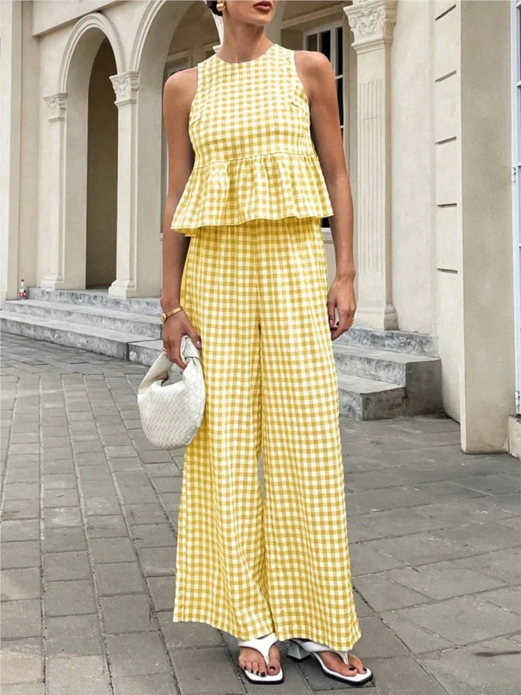 

Summer Fashion Plaid Casual Loose Two Piece Sets Elegant Women Round Neck Sleeveless Ruffle Vest Tops + Straight Trousers Sets