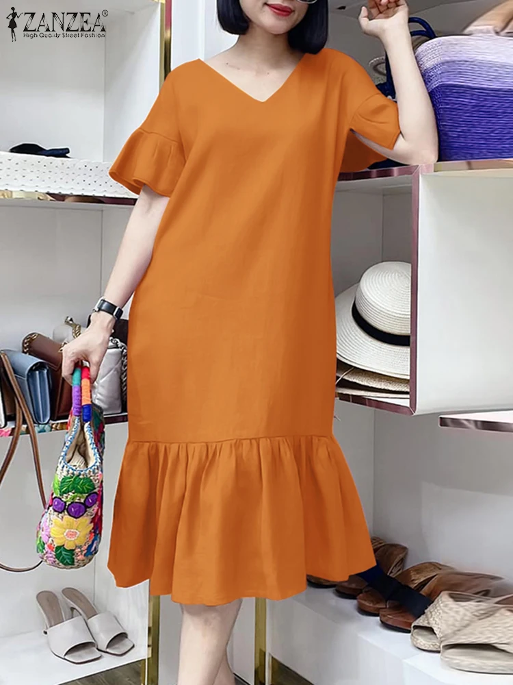 

ZANZEA 2025 Summer Sundress Women V Neck Holiday Dress Elegant Ruffles Work Dresses Short Sleeve Solid A Line Beach Vestido 2025