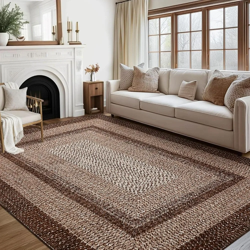 

RUGSREAL 8x10 Braided Print Area Rug Washable Large Living Room Rug Non Slip Farmhouse Rustic Floor Carpet Boho Accent Bedroom R