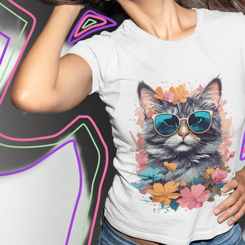 Floral Colorful Cute Cat T Shirt For Mom Wife And Sister Animal Lover Family Matching Print