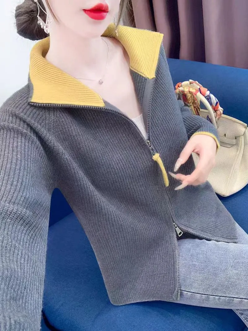 

Серый лоскутный вязаный свитер с двойной молнией и лацканами для женщин, кардиганы с длинными рукавами, свободная корейская повседневная верхняя одежда, пальто, осенняя новинка