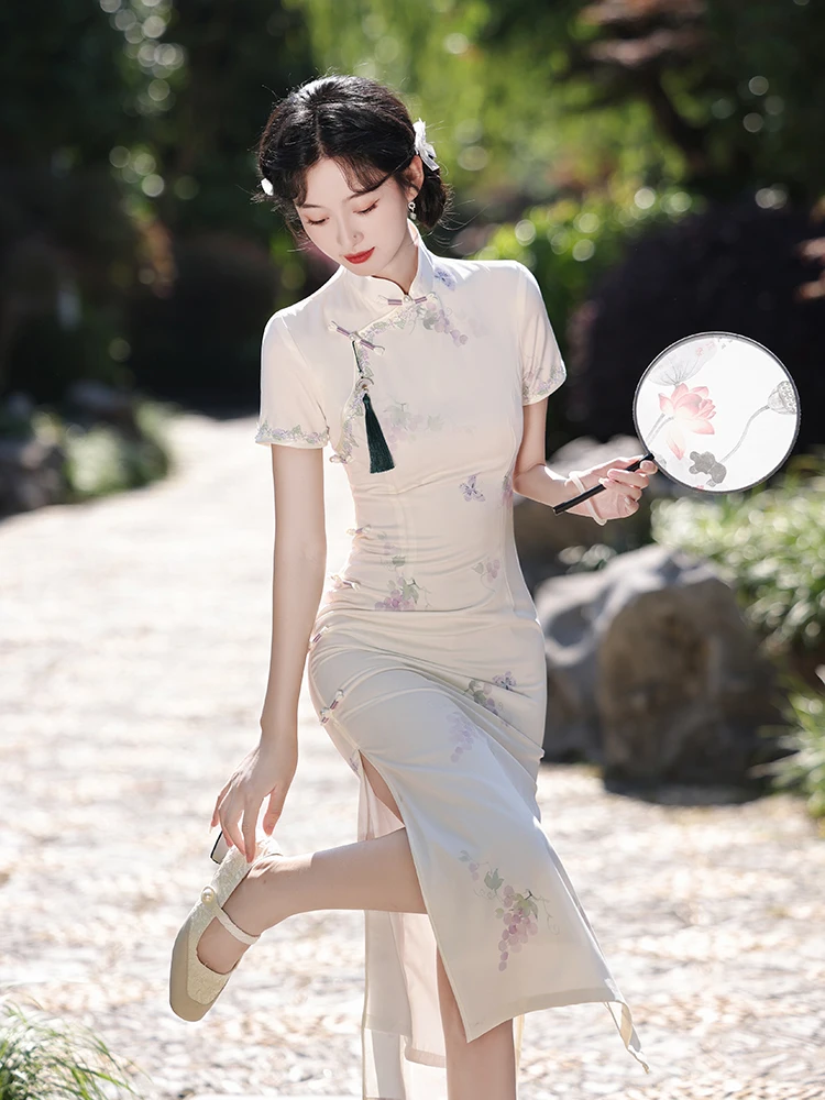 

Элегантное летнее винтажное платье для молодых девушек с коротким рукавом и низким разрезом, повседневное, из комфортной ткани, в китайском стиле