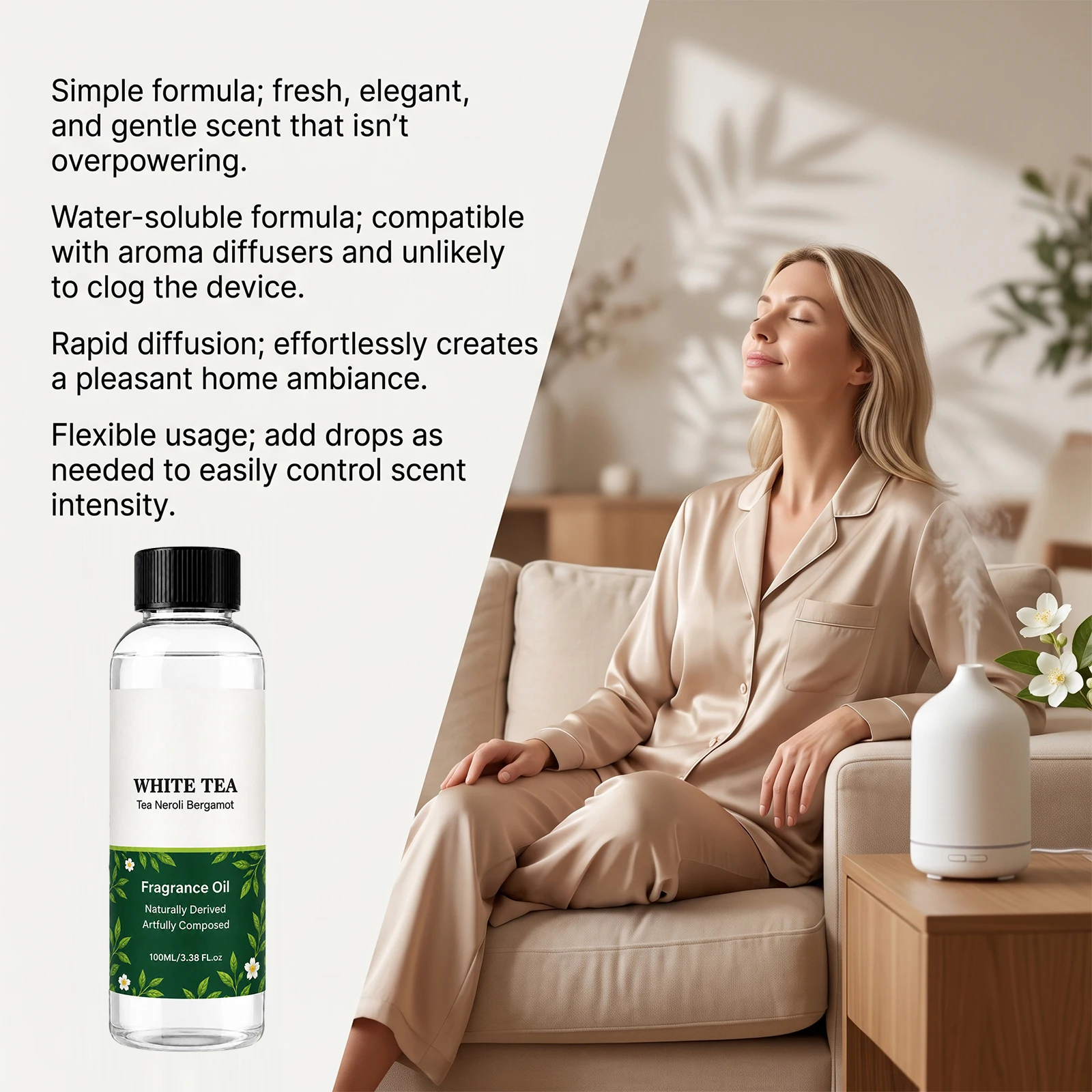 White Tea Neroli Fragrance Oil Water Soluble Diffuser Essential Oil Musk Scent Rapid Diffusion For Home Aroma Humidifier 100ml