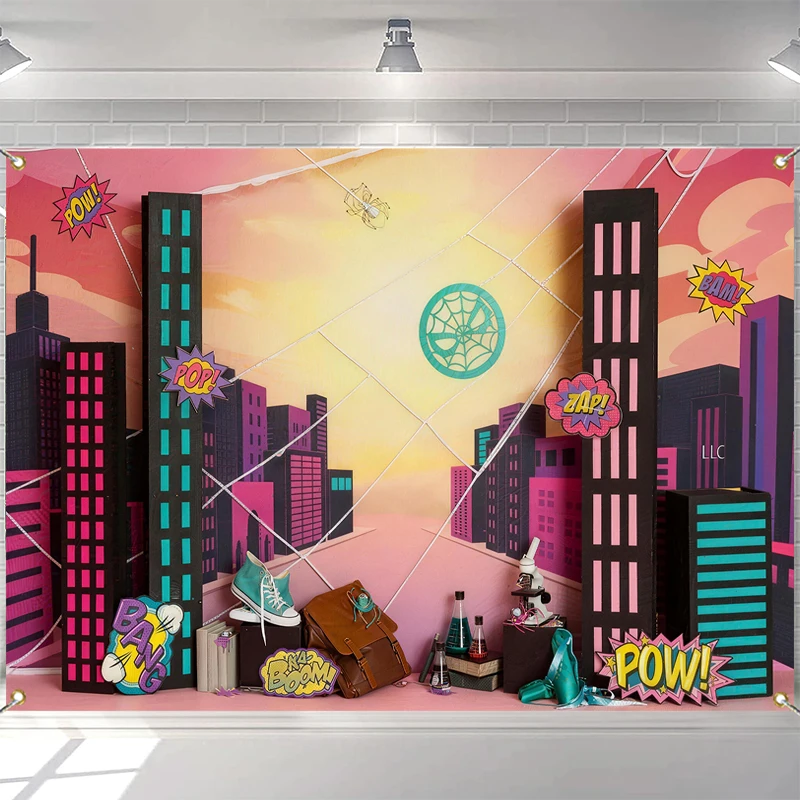 

LS Photography Background City Hero Cartoon Building Decor Cake Smash Boy Birthday Party Children Portrait Photo Backdrop Studio