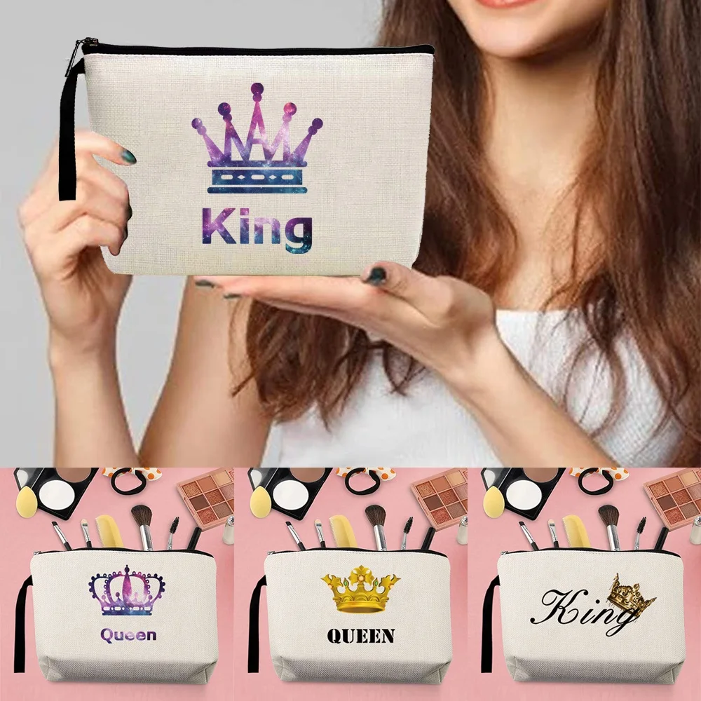 Bolsa de cosméticos de boda para mujer, neceser de viaje al aire libre, bolsa de almacenamiento de aseo, organizador de maquillaje de belleza con impresión King, estuche de lápices