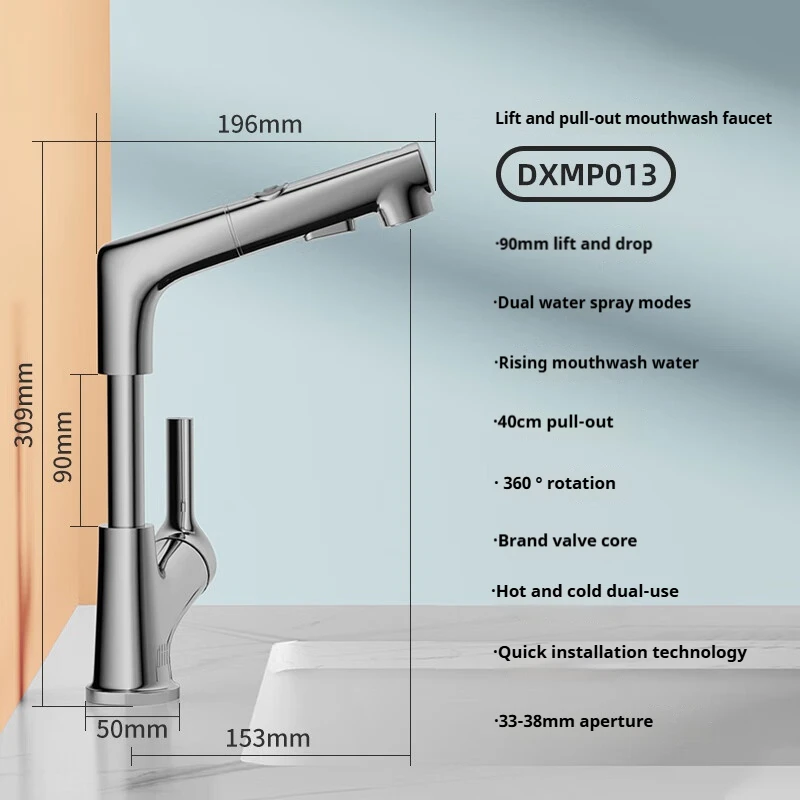 Diiib Pullout Kitchen Faucet Rotatable Hot and Cold Water Hand Washing Multifunctional Retractable Bathroom Sink Faucet