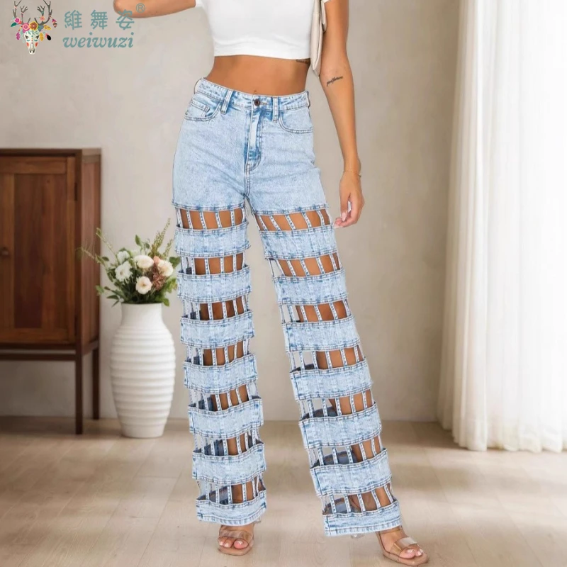 

Fashion Sexy Hollow Out Jeans for Woman High Waist Denim Pants Lady Streetwear Elegant Splice Design Holes Casual Wide Leg Jeans