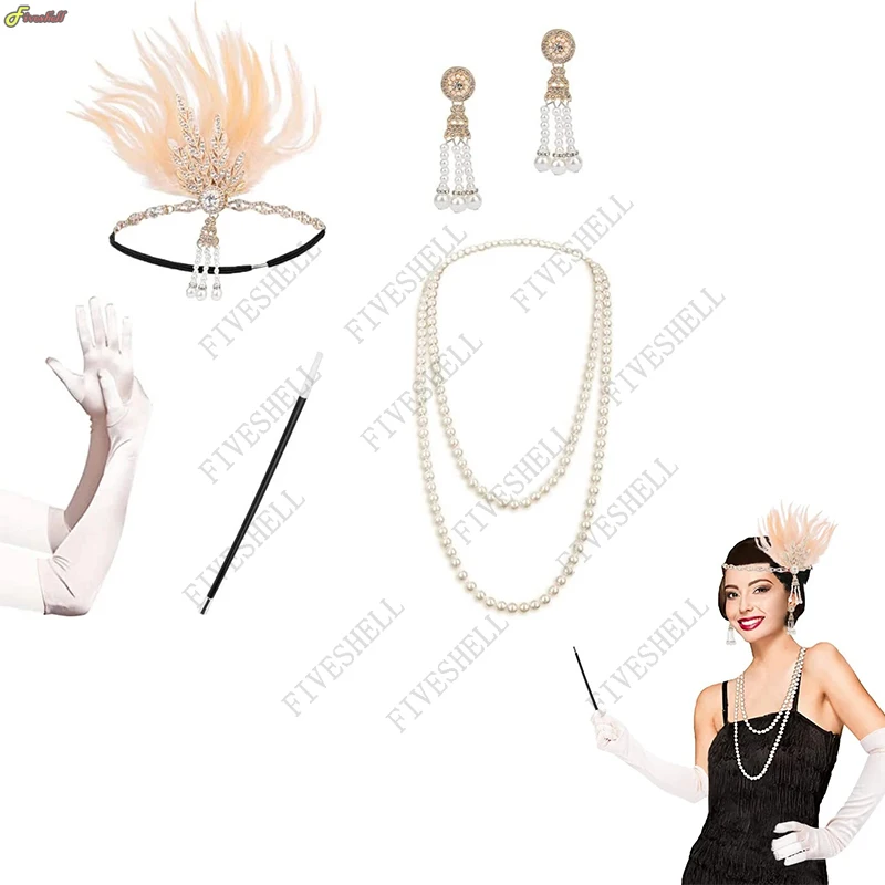 Great Gatsby Kostuum Hoofdband Oorbellen Ketting Handschoenen Sigarettenhouder Dames 1920S Flapper Meisjes Accessoires Set Voor Vrouwen