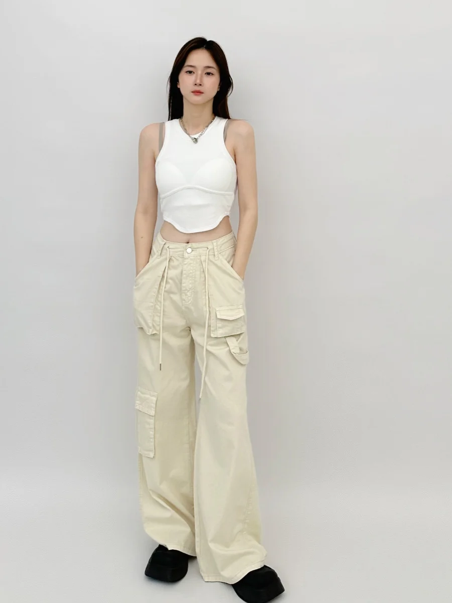 

Джинсы с высокой талией, свободного кроя, прямые штанины, модные рабочие джинсы, деним, с множеством карманов, с эффектом стройности для женщин