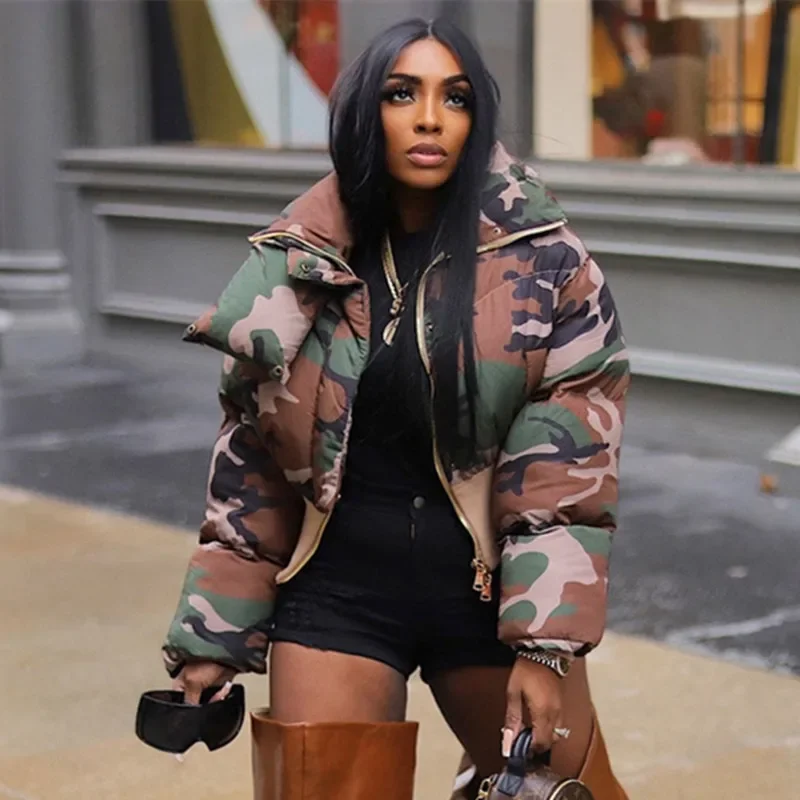 2024 New Winter Women Full Sleeve Camouflage Print Thick Warm Parkas Puffer Jackets Slim High Neck Outwear Cotton Coat Ladies