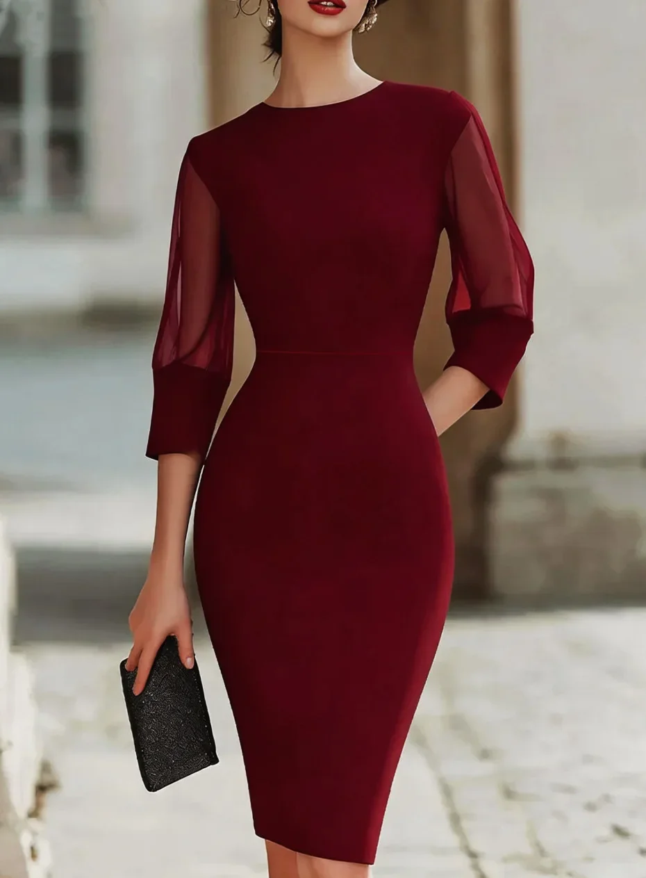 Rundhals-Patchwork-Kleid mit Transparenten Dreiviertelärmeln, Schlankes Midi-Bleistiftkleid, Elegantes Hochzeitsgast- und Formelles Abendkleid – Detail 4