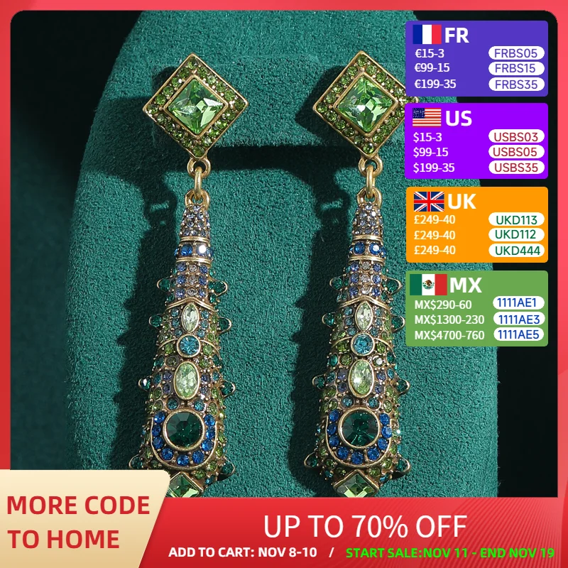 

Vintage Jewelry Long Earrings Luxury Elegant Green Crystal Rhinestones Square Drop Dangle Gold Color Designer For Woman Wedding