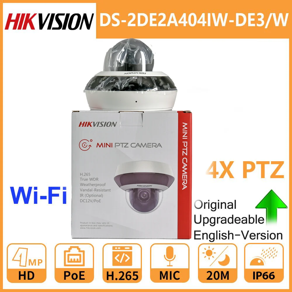 

HIKVISION Original WiFi PTZ IP Camera DS-2DE2A404IW-DE3/W 2.8-12mm 4X Zoom PoE Mic IR20m IP66 IK10 H.265 CCTV Video Surveillance