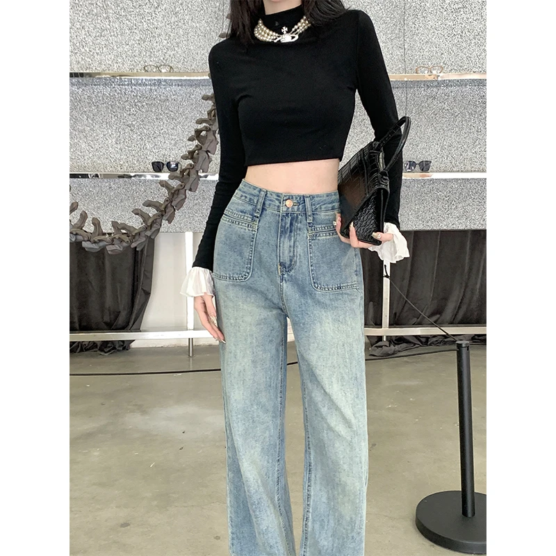 

Y2k Одежда Джинсы для женщин Высокая талия Широкие брюки Синие потертые джинсовые брюки Свободные прямые длинные брюки Зима Осень