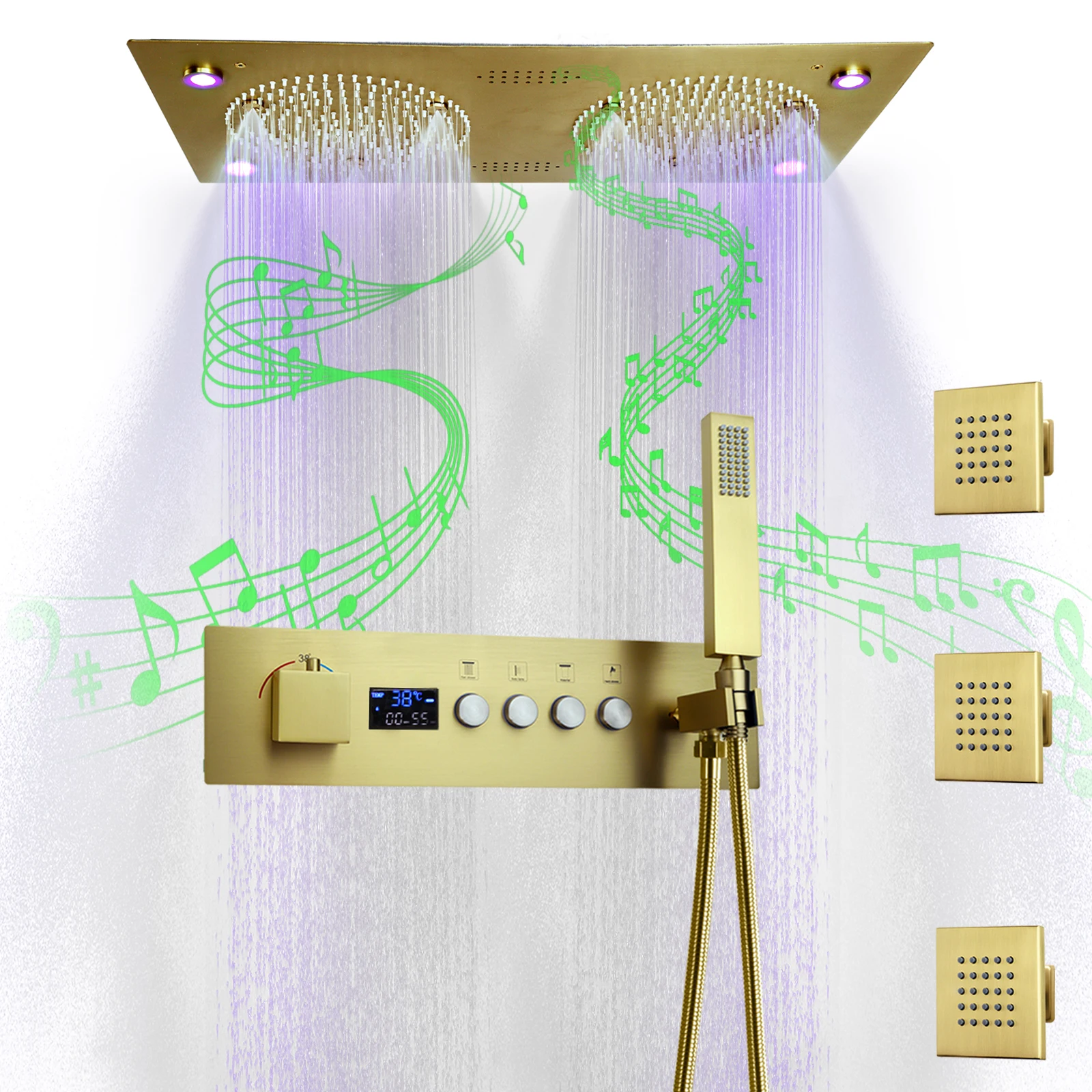 Ceiling Mount Rain System Brushed Gold Shower Faucet Set Overhead Rain Spray Head and Handheld