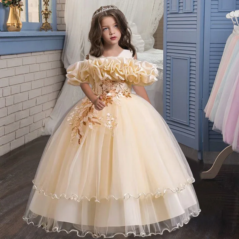 Abito da ragazza di fiore con applicazioni in pizzo champagne con spalle scoperte Abiti con volant in tulle a trapezio per bambini Abito da festa di compleanno per prima comunione