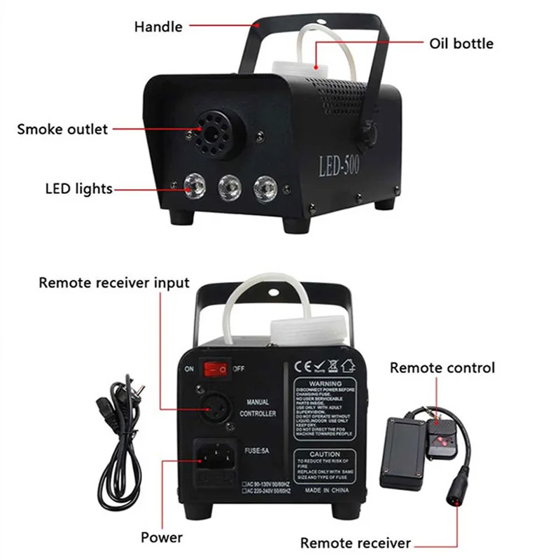 Máquina de humo con Control remoto, generador de humo de efectos especiales de escenario, modelos siempre brillantes de siete colores, 500W, 3LED