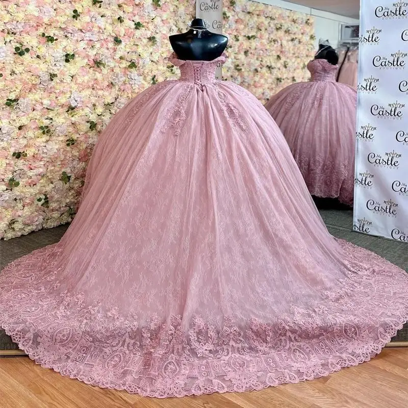 Rosa Schatz Prinzessin Ballkleid Applikation Spitze Tull Quince anera Kleider süß 15 16 Geburtstags feier Kleid Robe de Ball