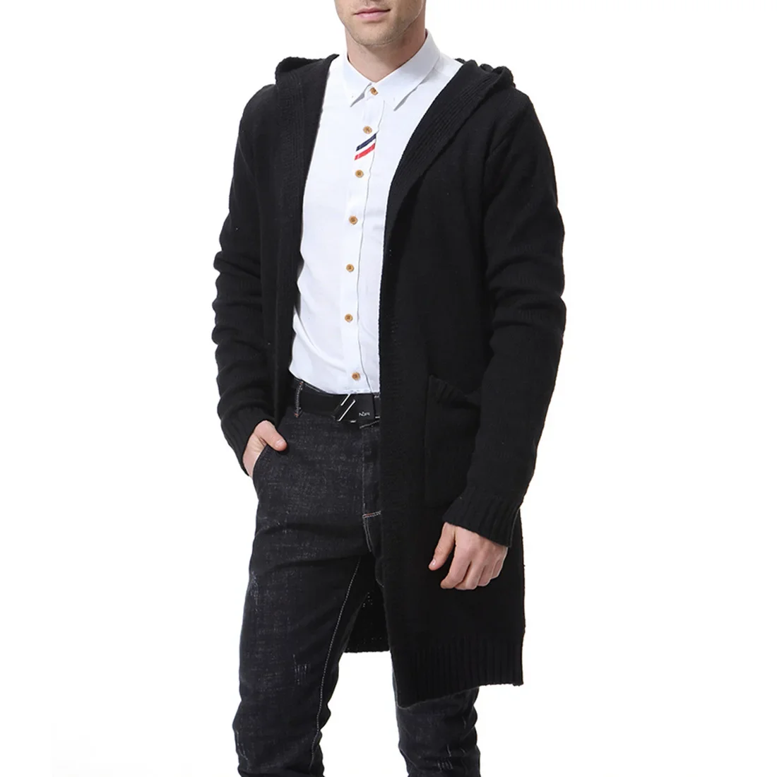 Cappotto maglione Cardigan spesso con cappuccio da uomo maglione X-lungo