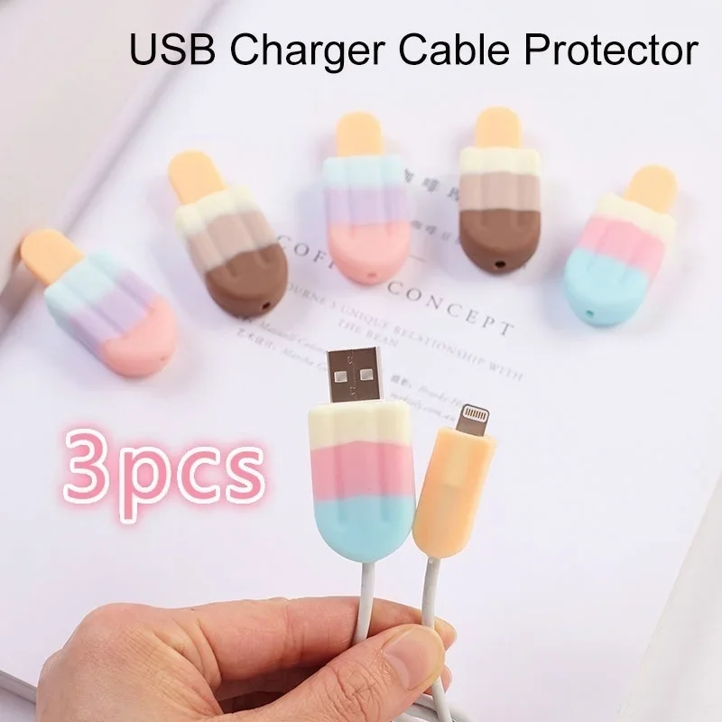 3pcs Silicone USB Charger Cable Protector Cord Saver Cover Ice Cream Shape for Phone Cable