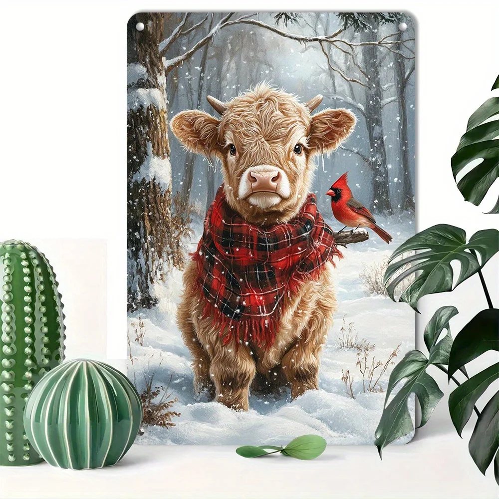 Charming Highland Cattle and Cardinal Winter Scene 8X12 Inch Vintage Aluminum Wall Art Suitable for Home and Bar Decoration