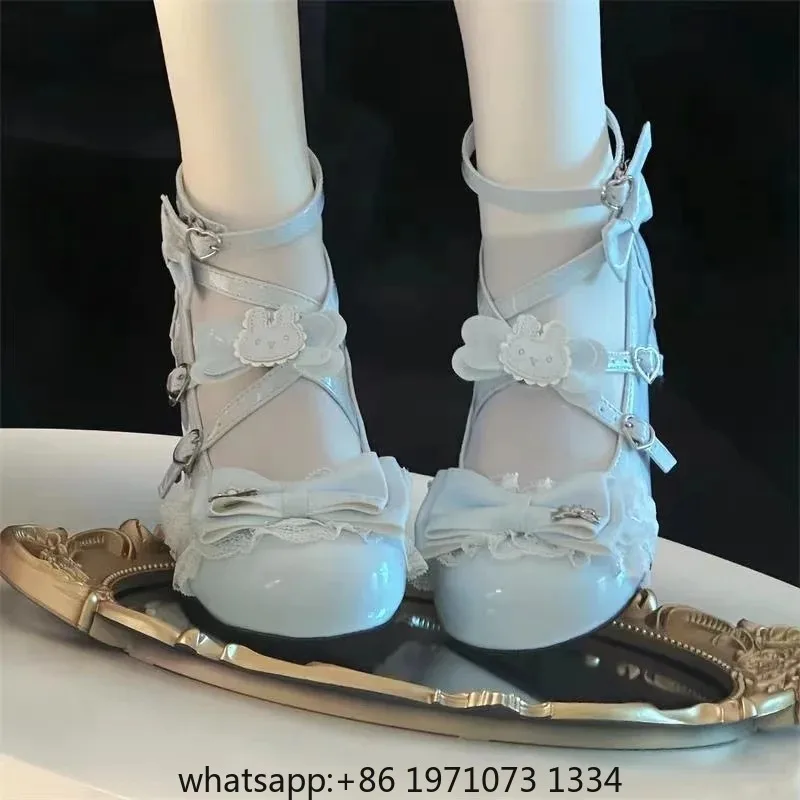 Sweet Lolita Girls Bowknots Rabbit Pumps,Students Cute Cat Claw Heel Mary Janes Ankle Straps Shoes