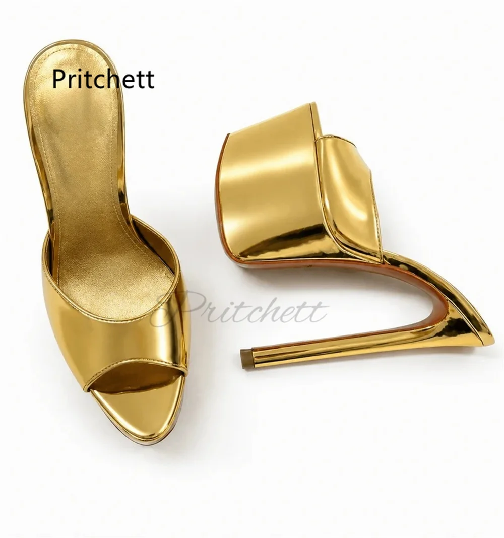 Gold Silver Patent Leather Platform Slippers Women Extreme High Heels Pull-On Mules Shoes Modern Slippers Open Toe Sandals