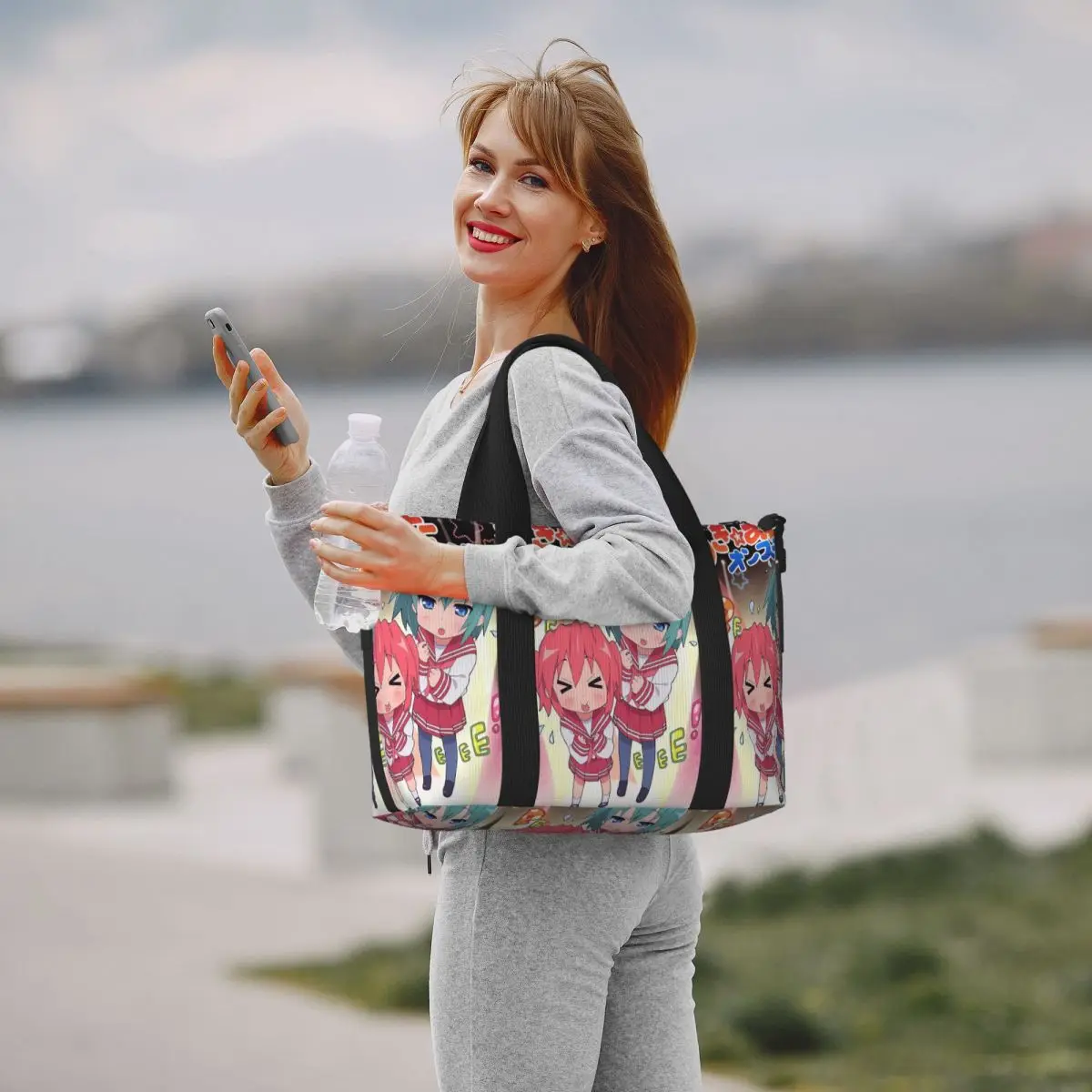 Kawaii لاكي ستار أنيمي اليابانية لعبة الشاطئ حقيبة سفر سعة كبيرة حمل الحقائب لصالة الألعاب الرياضية النساء التسوق حقيبة كتف واق من المطر