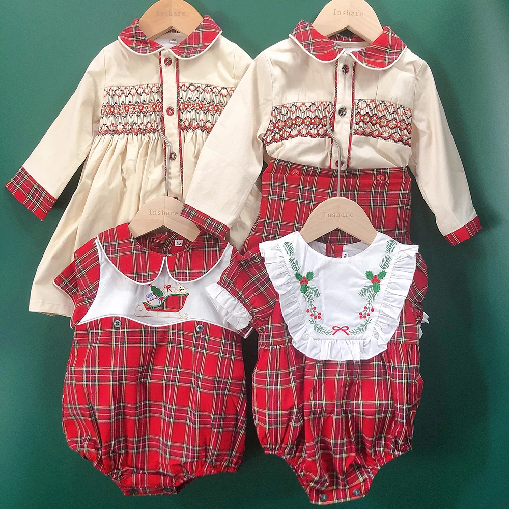 Children Christmas Clothing Boys and Girls Handmade Smocking Set and Dress Siblings Red Plaid Cotton Long Sleeve Holiday Outfits