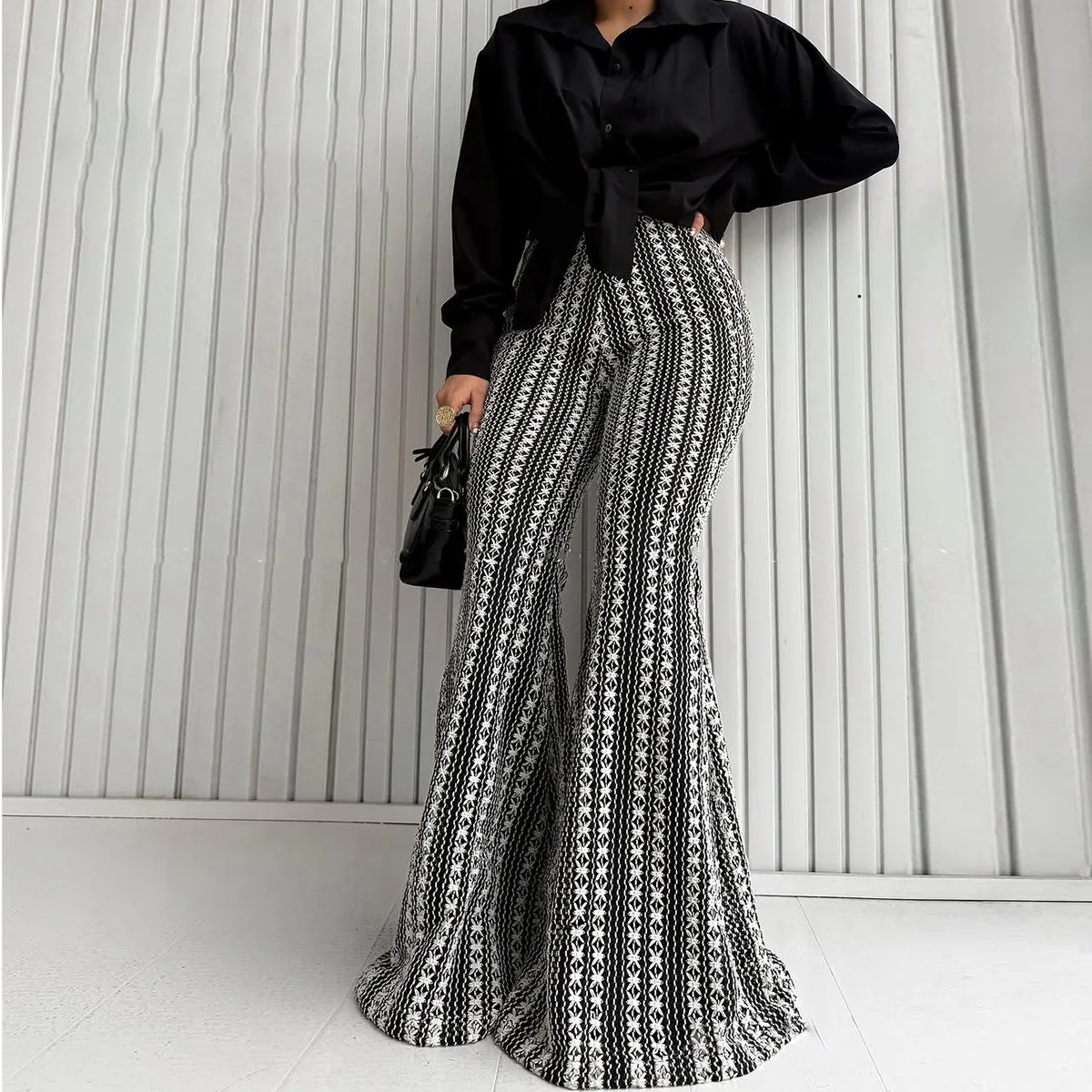 

Женские расклешенные брюки в черно-белую полоску, весна-лето, широкие брюки макси с высокой талией, элегантный наряд в стиле ретро для свиданий и мероприятий