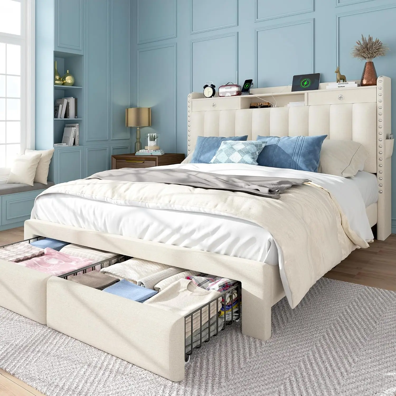 Full Size Bed Frame 2-Tier Storage Headboard 4 Drawers Soft Linen Upholstered Platform, Customized