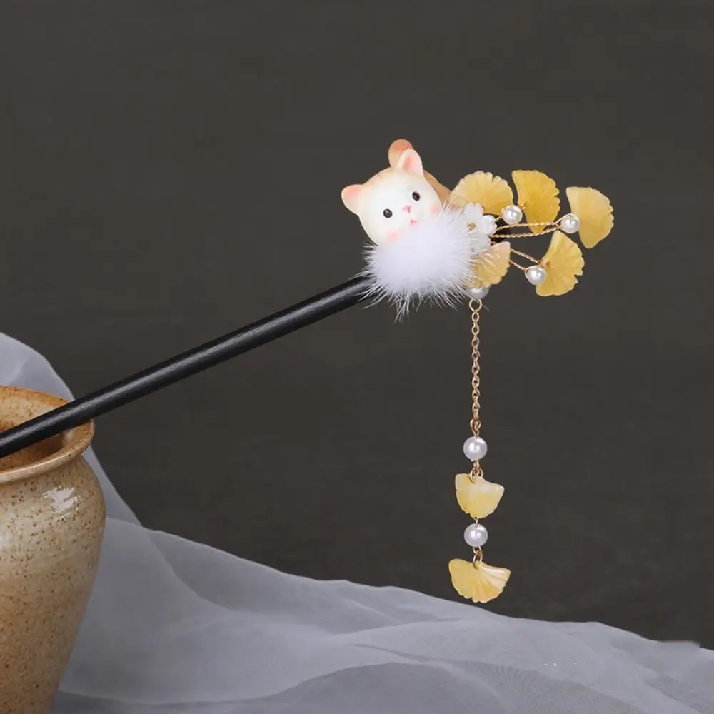 

Антикварная деревянная палочка для волос с кроликом, шарик для волос с кисточкой, заколка для волос Hanfu, цветочная палочка для волос для девочек