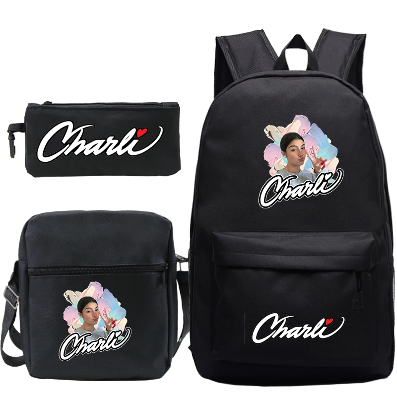 Trendy Charli Damelio Backpack 3 Pieces/set Canvas School Backpack Girls Casual Mochilas Bookbag Boys Laptop Rucksack Women Bags