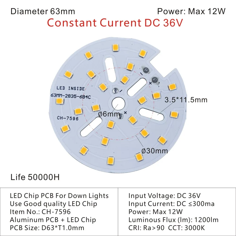 Placa LED con chip LED, módulo Led PCB, luces redondas D63mm para downlights domésticos, reemplazo Diy SMD 2835, corriente constante DC36V 12W