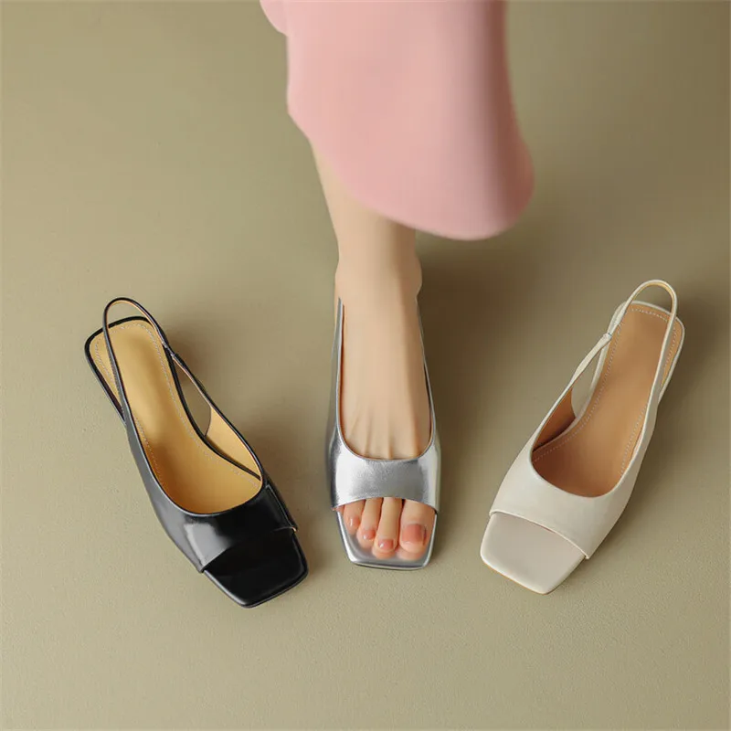 New Summer Sandals Simple Open Toe Sandals Chunky Heel Women Sandals Split Leather Square Toe Shoes for Women Low Heels Handmade