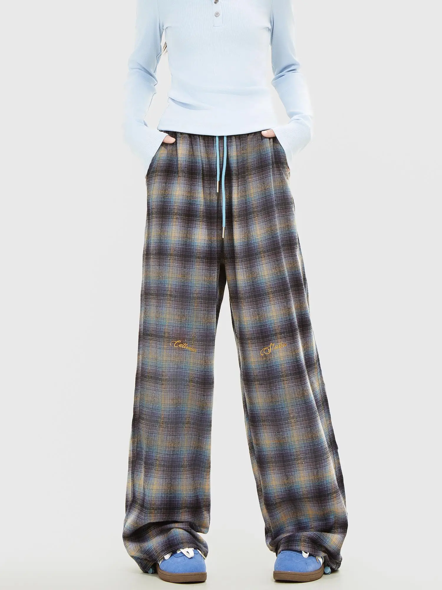 

Свободные повседневные широкие брюки в клетку, брюки прямого кроя, весенние новые брюки в американском стиле ретро, ленивый уличный Sle, смесь хлопка и полиэстера